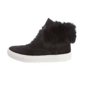 Vince black suede sneakers with rabbit fur trim